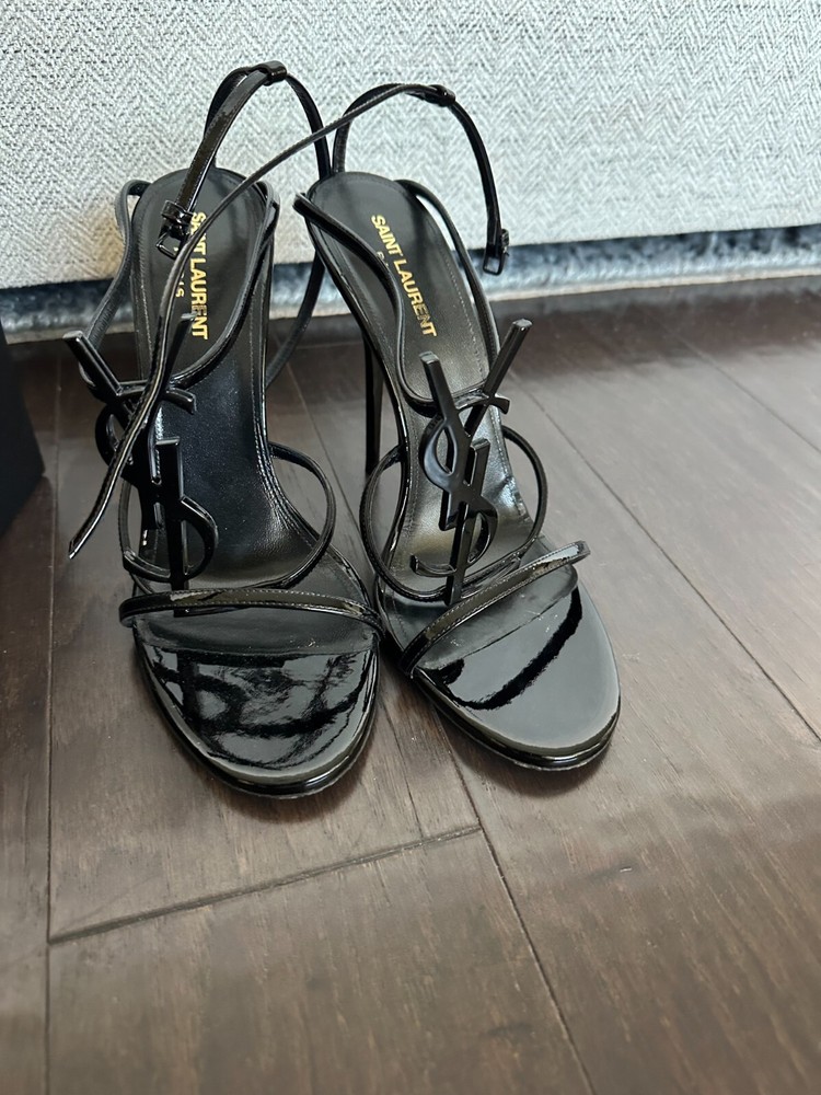 SAINT LAURENT Black Patent Leather Cassandra YSL Logo Heels EU 41