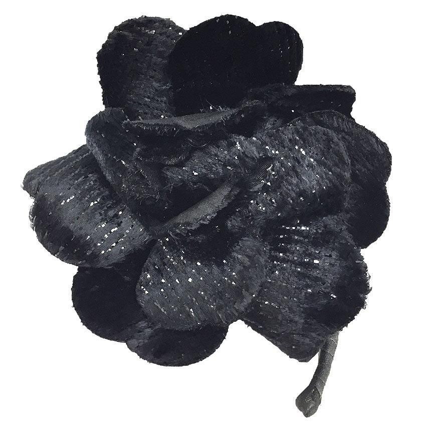 Chanel Camellia Corsage Black Velvet Brooch 7.5cm Elegant Vintage