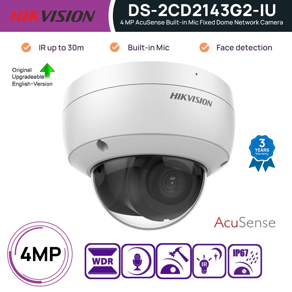 Hikvision 4MP Dome IP Camera Mic AcuSense IR30m PoE IP67 IK10 DS-2CD2143G2-IU