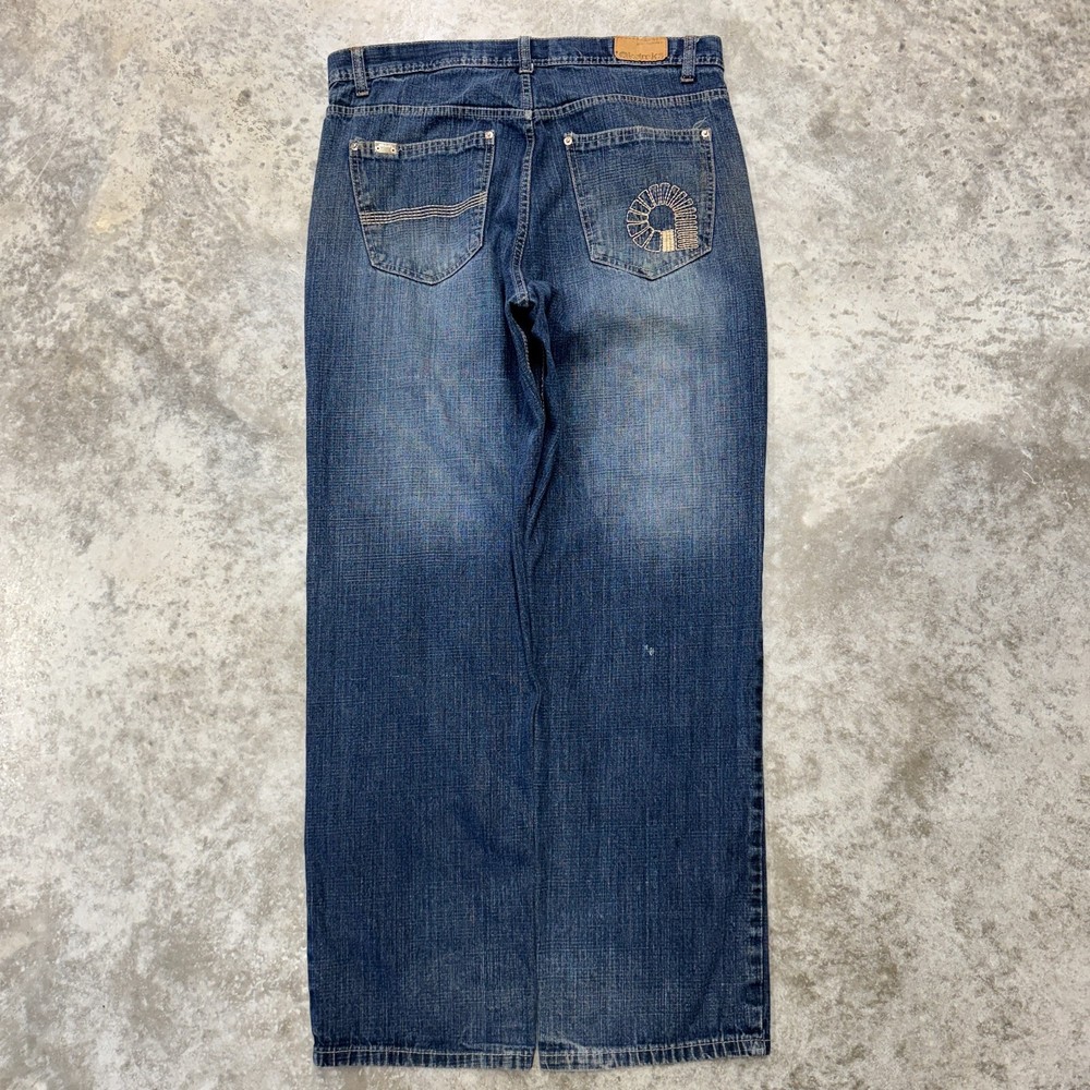 Y2K baggy AKADEMIKS mens 36x32 wide leg jeans embroidered denim hip hop skate