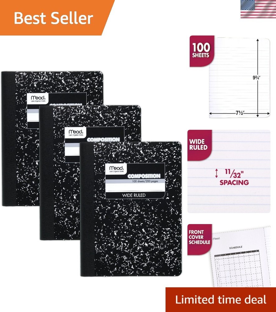 3-Pack Wide Ruled Composition Notebooks, 100 Sheets Each, 9.75 x 7.5 Inches