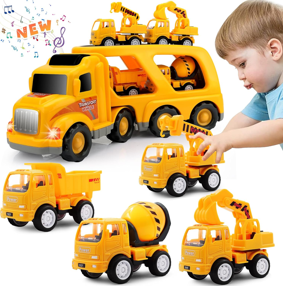 Construction Truck Toys for Toddlers – 5-in-1 Carrier Car for Boys Ages 1-4