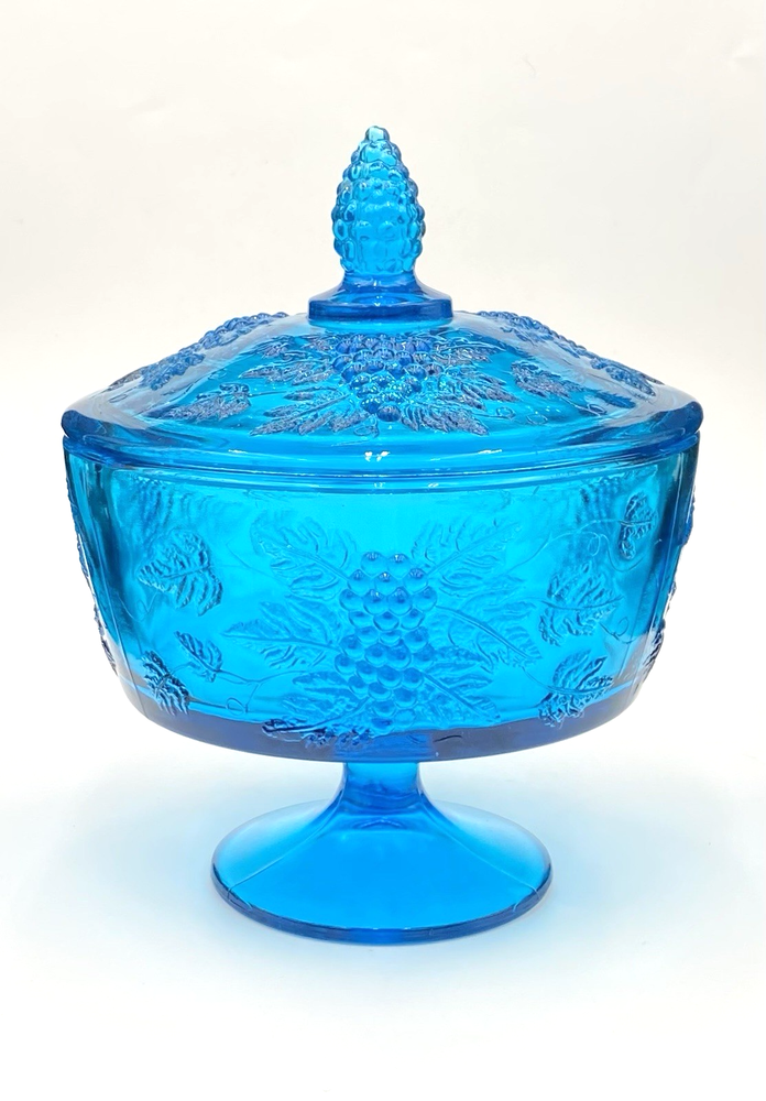 Vintage LE Smith Blue Teal Grapes Lidded Candy Dish 6 Inch