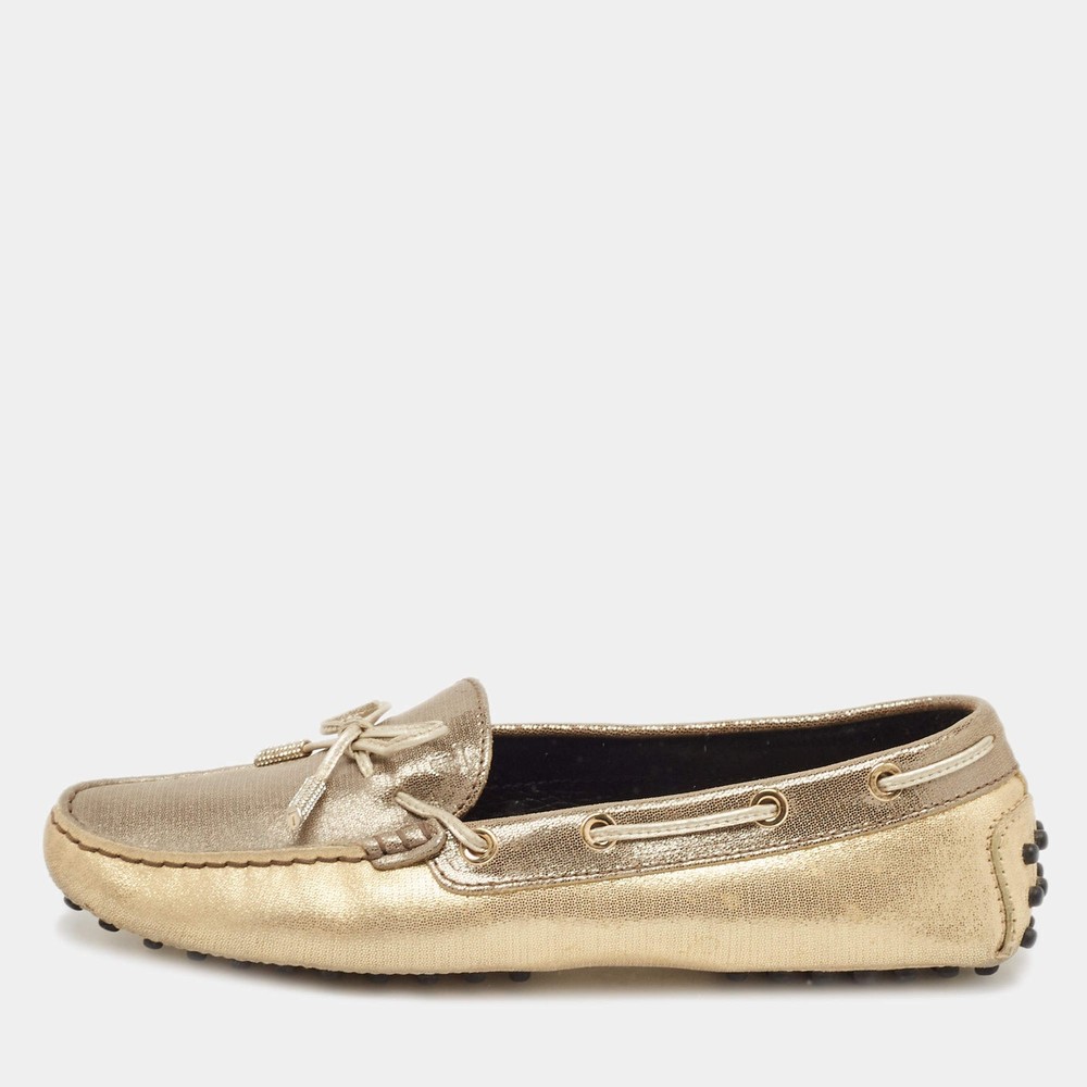 Tods GreyGold Textured Suede Bow Slip On Loafers Size 38