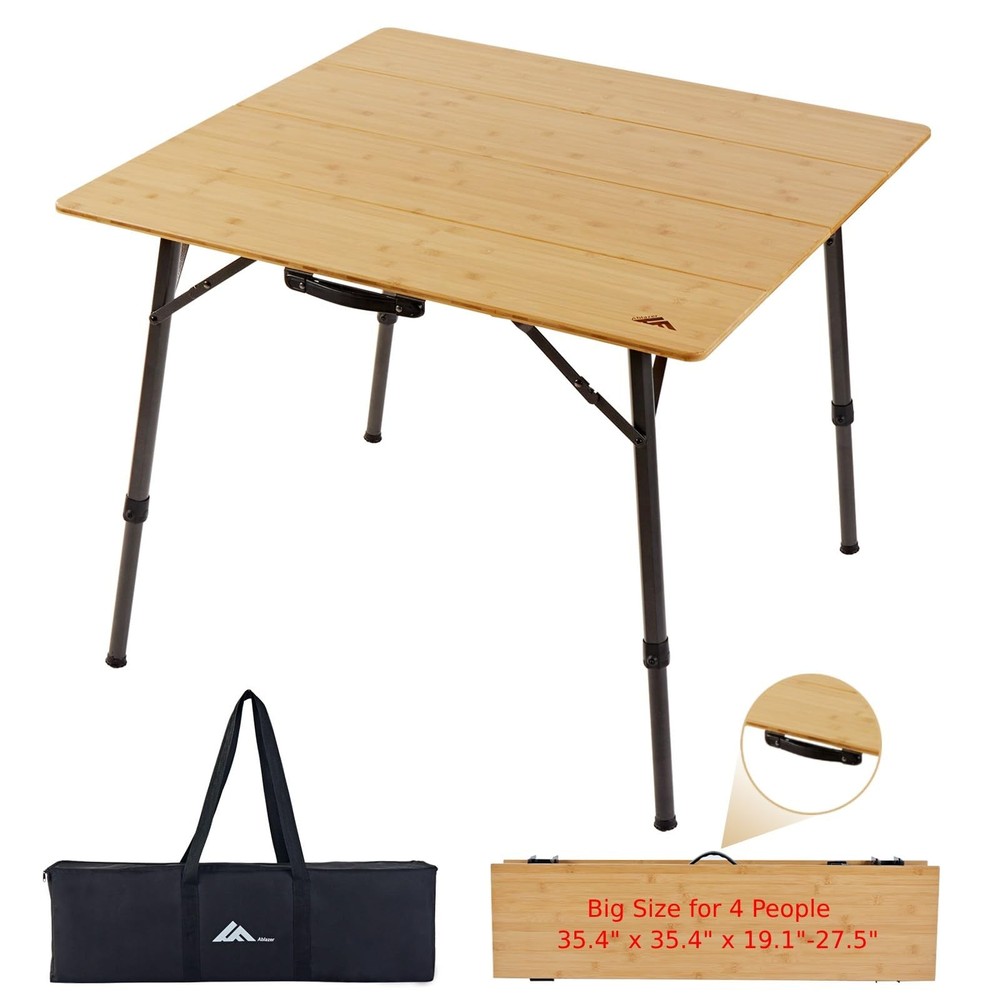 Adjustable Height Bamboo Camping Table with Handle Portable Folding Picnic Table