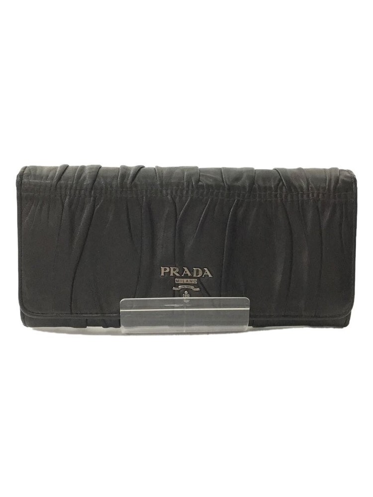 PRADA Black Leather Long Wallet for Women Folded Gathered Design T42DR6X