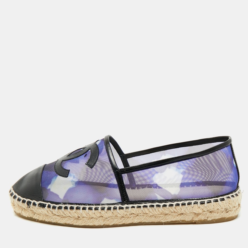 Chanel Purple Black Mesh Leather Interlocking CC Espadrille Flats Size 39