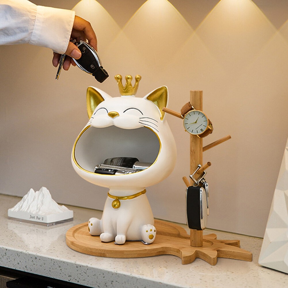 Fortune Cat Key Holder Figurine Resin Sculpture Decor for Study Coffee Shop