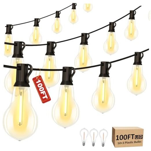 100FT Shatterproof LED Outdoor String Lights with 53 Warm White Bulbs