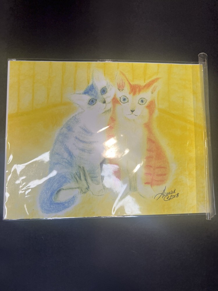 Signed Cat Print Orange Blue Yellow NOLA Artist