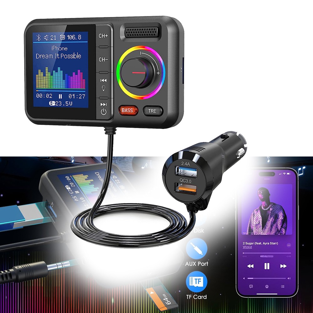 Bluetooth 5.0 FM Transmitter with Dual USB Charger AUX and Hands-Free Calling for Cars