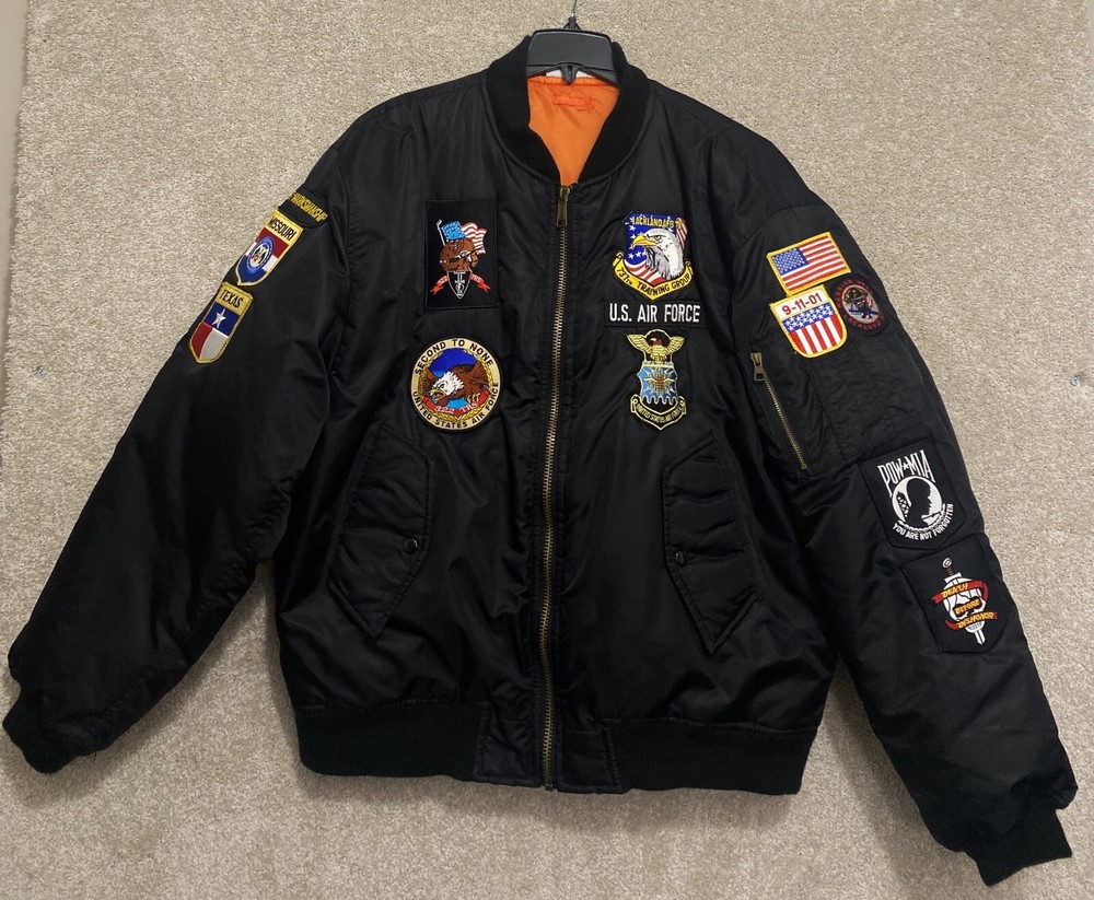 US Air Force Nylon Bomber Jacket Black with 13 Texas Patches - Size XXL