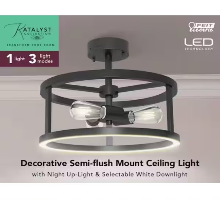 Feit Electric 15 Inch Matte Black 3-Light LED Semi-Flush Mount Ceiling Fixture