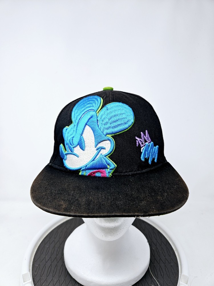Disney Mickey Mouse Embroidered Snapback Hat Cap Black Green Flat Bill Used