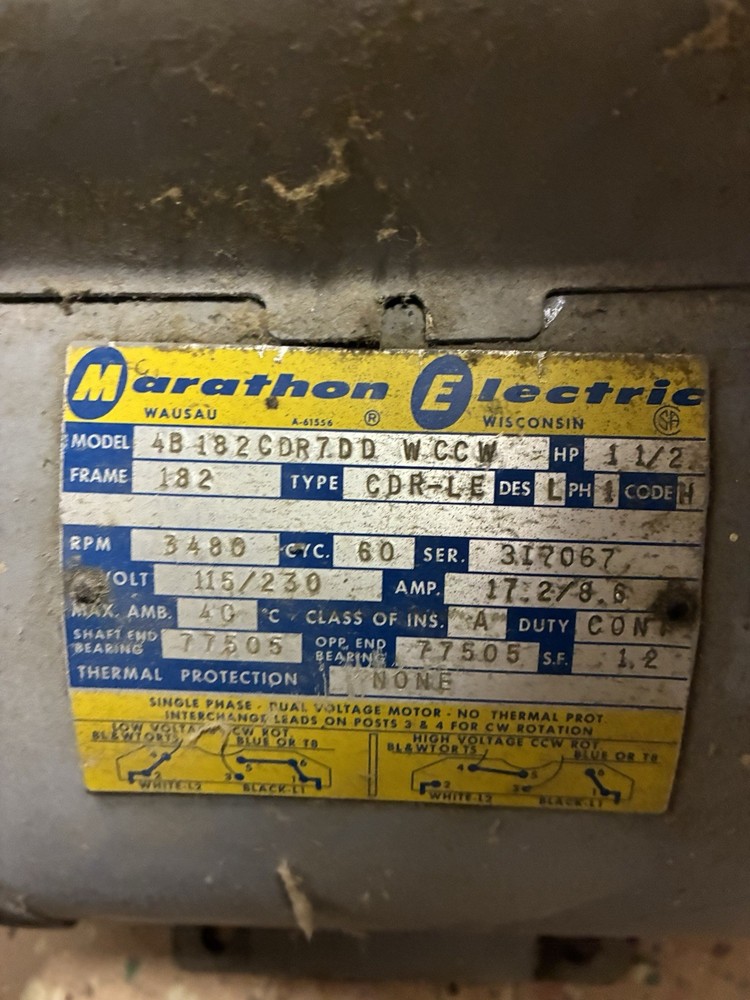 Marathon Electric 1.5 HP AC Motor 3480 RPM 115/230V Single Phase 4B182CDR7DD