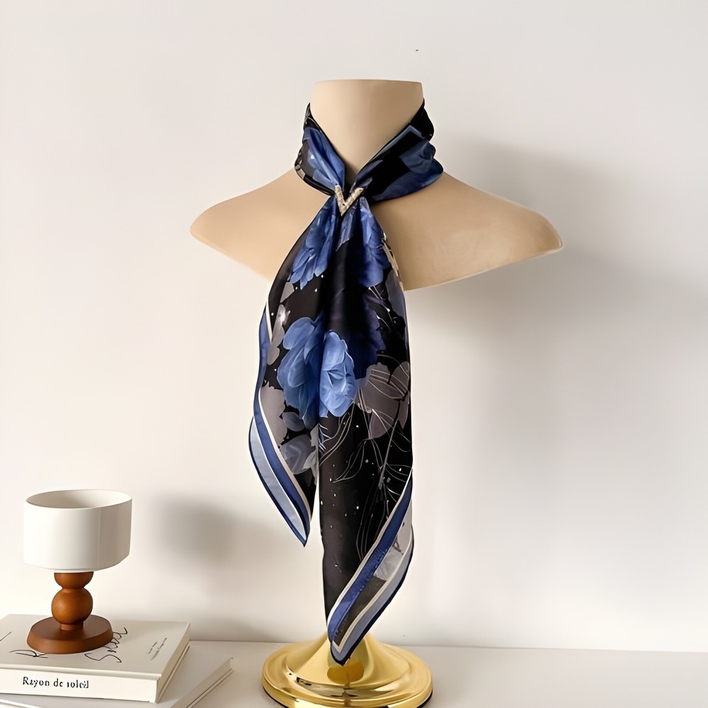 100% Silk 27'' Scarf Women Black Blue Rose Flowers Kerchief Square Bandana Wrap