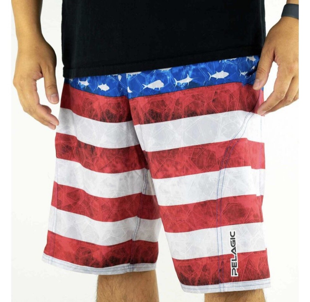 Pelagic Sharkskin Americamo Boardshorts Size 33 Blue Red USA Flag Retail $69