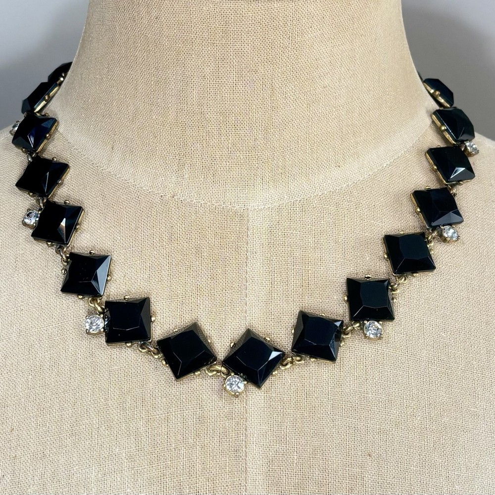 J. Crew Gold Tone Black Square Gemstone Clear Rhinestone Choker Necklace 17