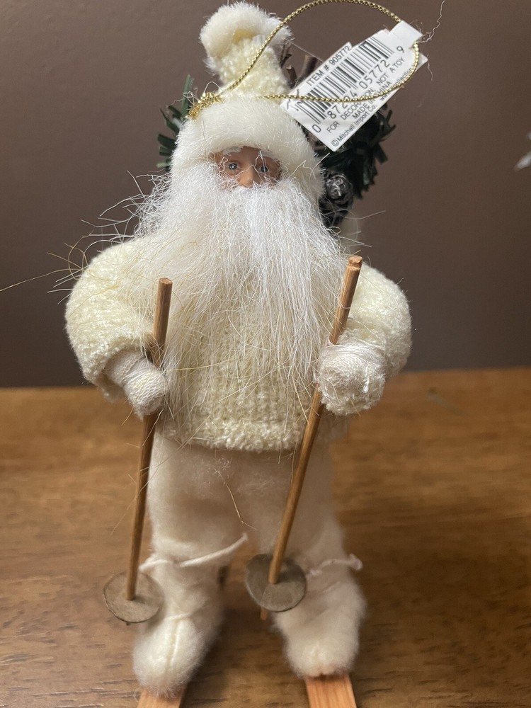 Vintage Santa Skiing Ornament with White Outfit and Tree Backpack