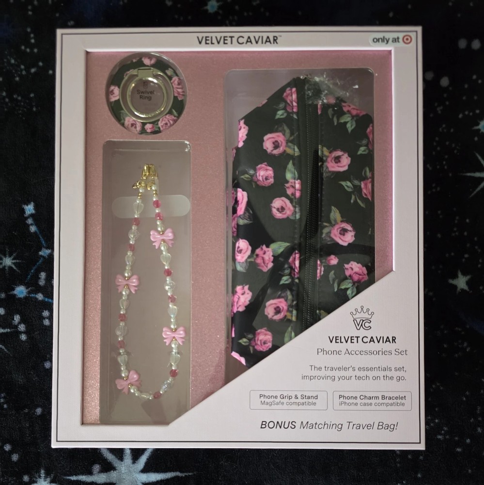Pink Rose Floral Velvet Caviar Phone Accessories Set