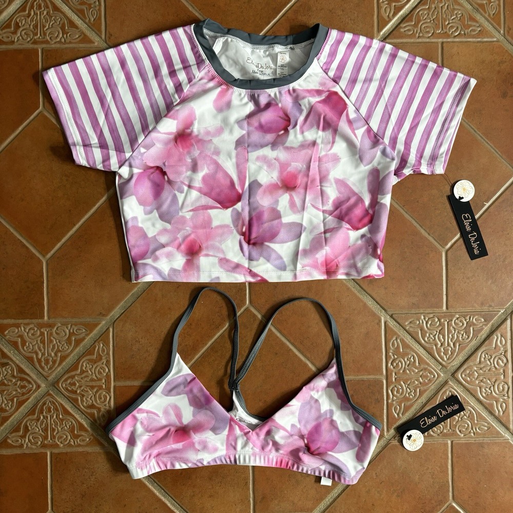 Eloise DeJoria Pink Striped Floral Sports Bra Crop Top Workout Set Women Size L