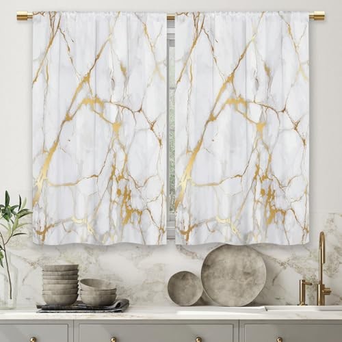 Gold Marble Kitchen Curtains 26x36 Inches Set of 2 Elegant Golden Design
