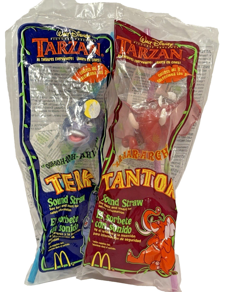 Vintage McDonald's 1999 Walt Disney Tarzan Sound Straws Lot of 2 (Tantor/Terk)