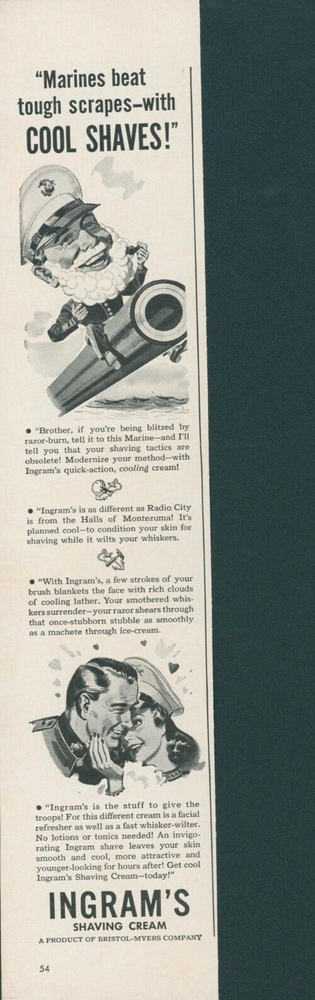 1942 Ingrams Shaving Cream Marine Uniform Tough Scrape Cool Shave Print Ad L41