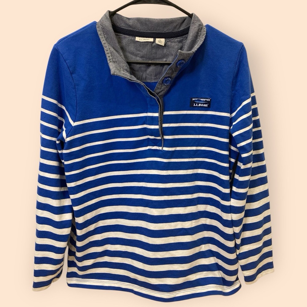 L.L. Bean Men’s Striped Long Sleeve Henley Shirt - Blue & White, Size Large