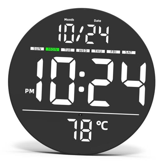 Digital Wall Clock with Large LED Display, Auto-Brightness, Temperature, Low