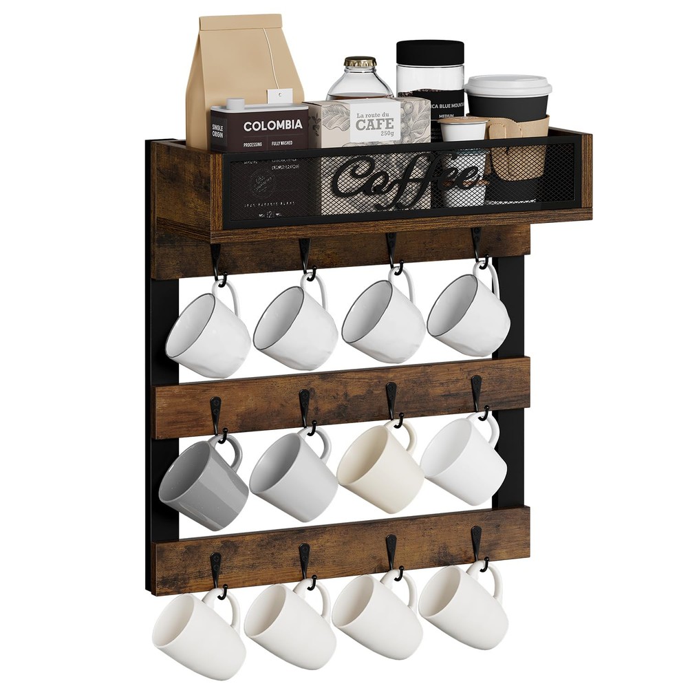 Coffee Mug Holder Wall Mounted, 3-Tier Coffee Cup Rack with 12 Hooks, Rustic ...