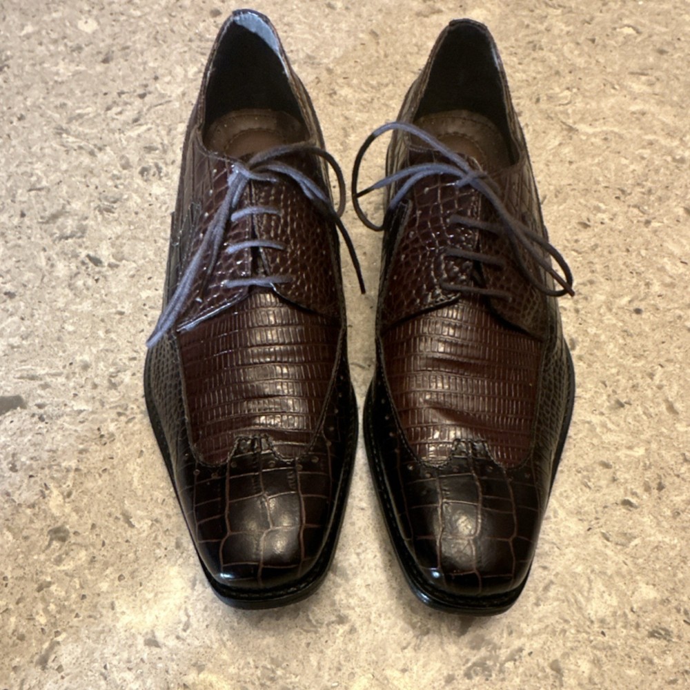 Stacy Adams Brown Crocodile Print Leather Oxford Square Toe Shoes 9 M