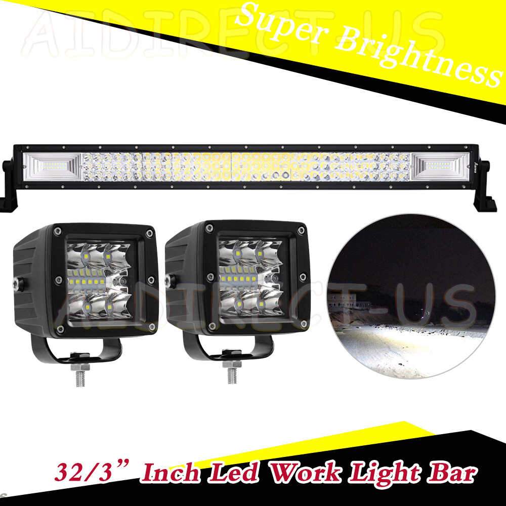 32inch LED Work Light Bar Triple Row+ 3'' Inch LED Work Light Cube Pods Driving