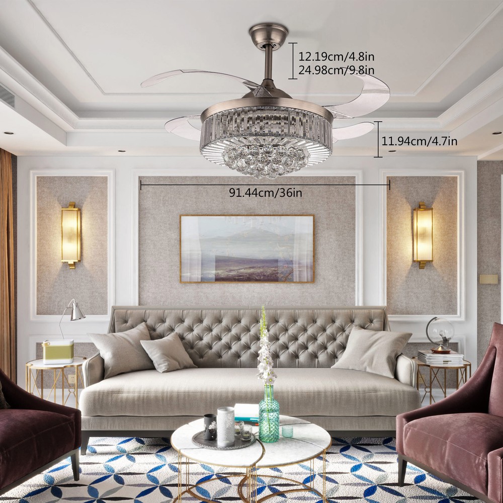 42 or 36 Inch LED Crystal Retractable Ceiling Fan Light with Remote in 3 Colors