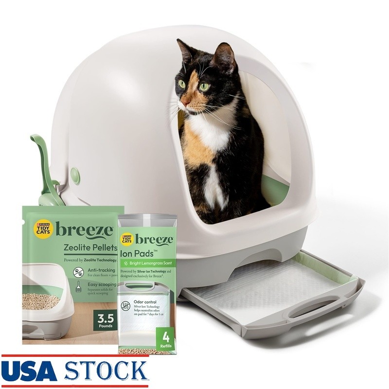 Breeze Covered Cat Litter Box System Kit Odor Control Non Clumping Dust Free New
