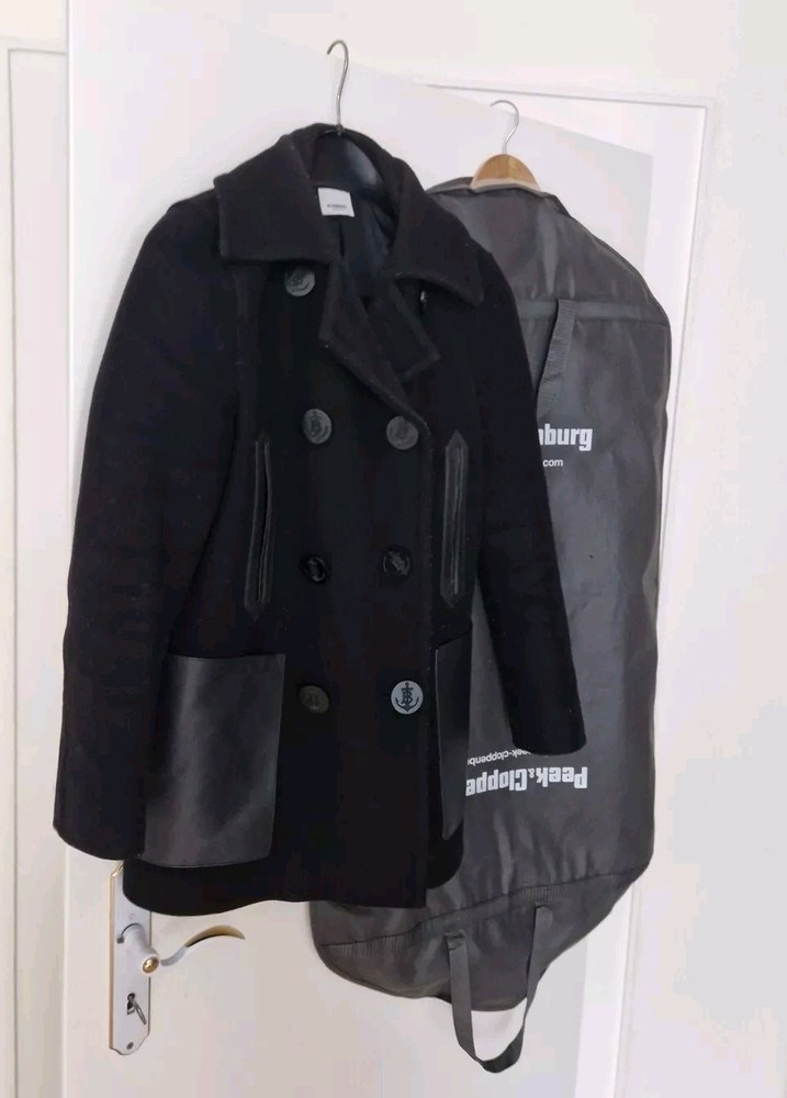 100% Genuine BURBERRY 36 S Wool Leather Coat Winter Coat Caban Jacket Wool Coat