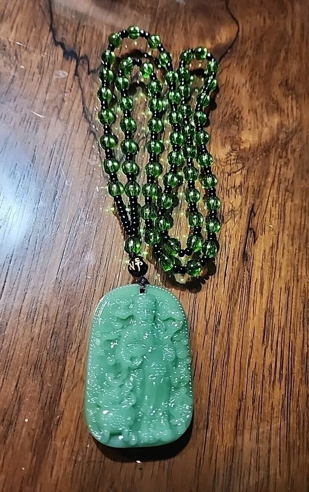 Charm Green Stone Carved God of Wealth Jade Pendant Amulet Necklace Gift