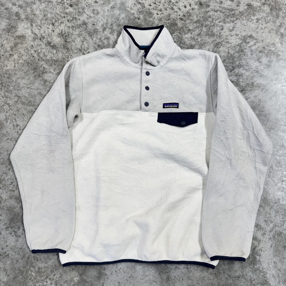 Patagonia Synchilla Jacket Mens Medium White Fleece Snap Pullover flaw