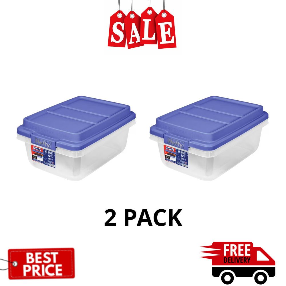 2pk Hefty 18qt Clear Latched Storage Bin with Blue HI-RISE Lid for Adults