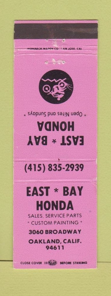 Vintage East Bay Honda Motorcycles Oakland CA Matchbook Cover