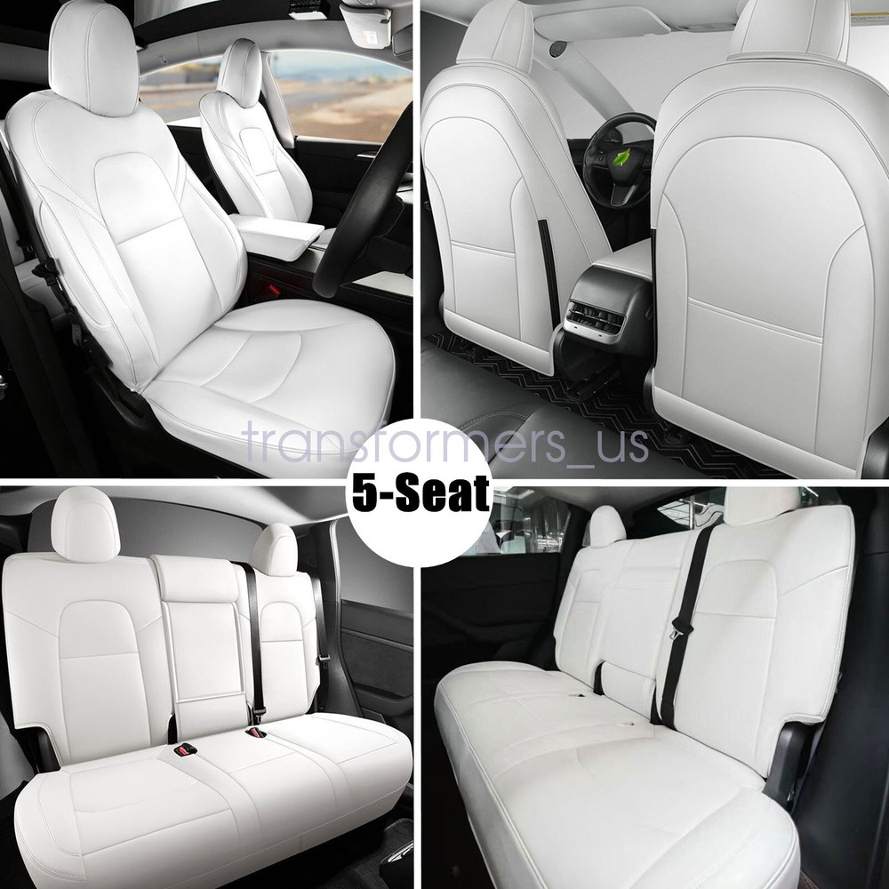 For 2020-2024 Tesla Model Y Car 5-Seat Cover Leather Protector Cushion Pad White
