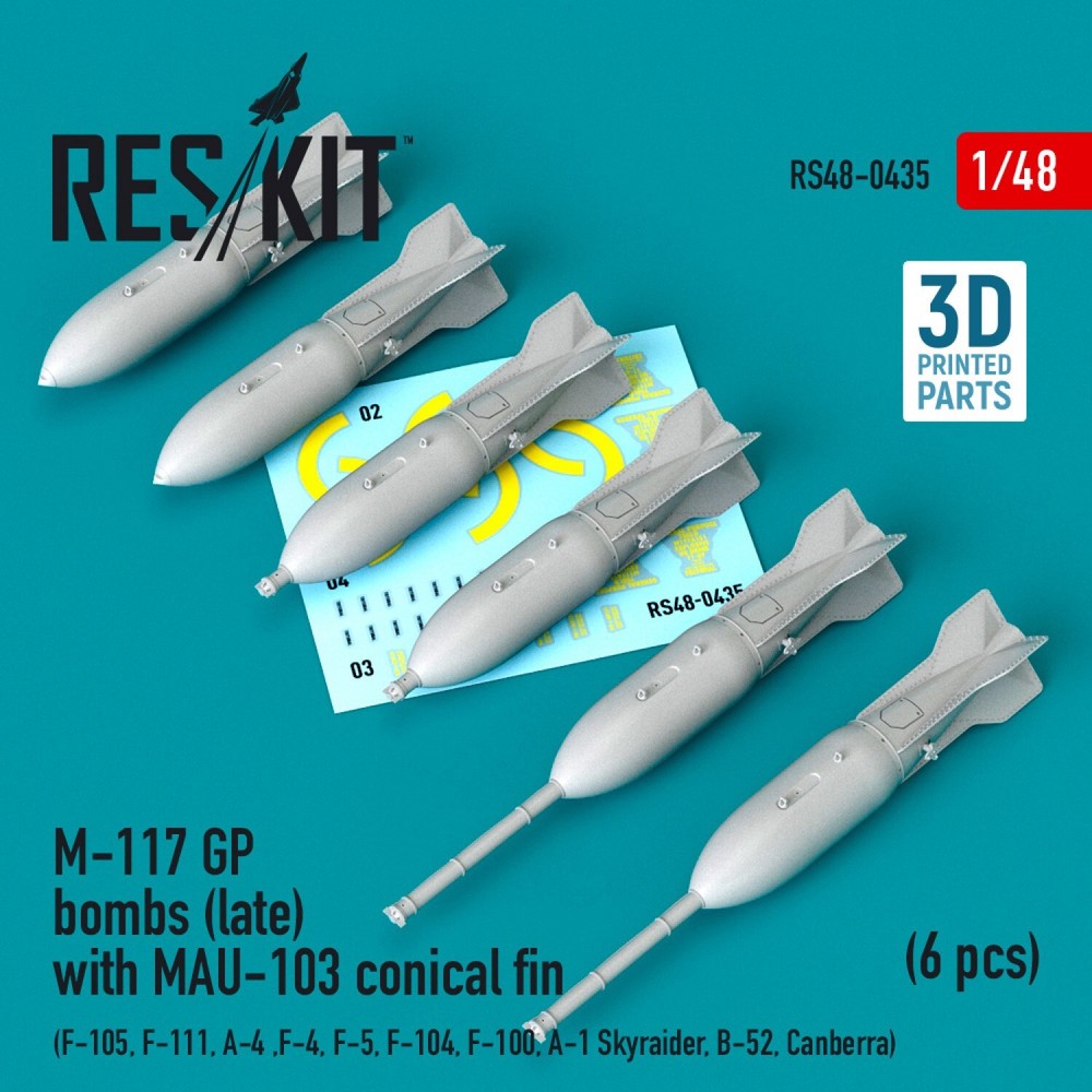 M-117 GP Bombs Late MAU-103 Fin (6) F-105 F-111 A-4 1/48 3D ResKit RS48-0435
