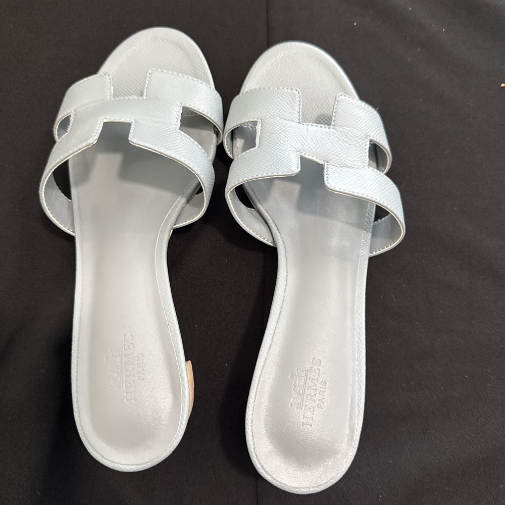 Hermes Oran Sandals Flats Shoes Vert Bouteille Green Sz 40 Auth w/Box Dust Bag