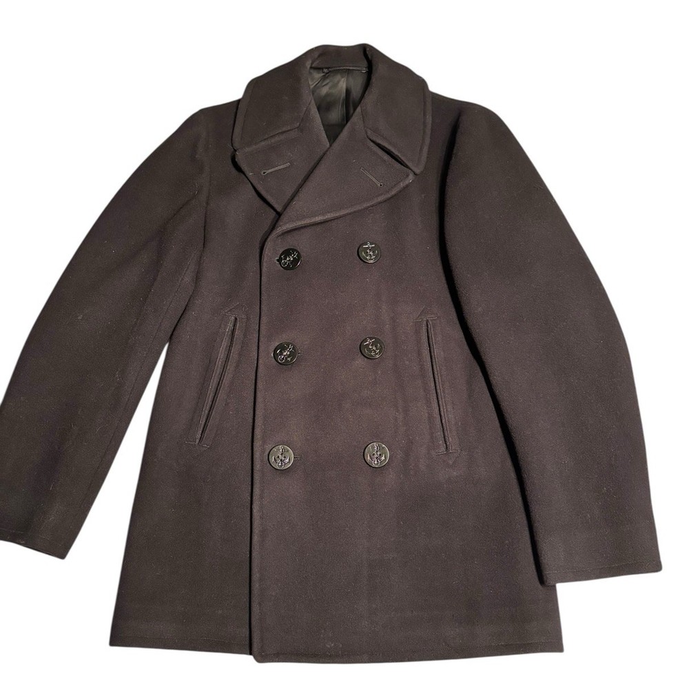 Vintage US Navy Kersey Wool Peacoat Mens 36R Black Double Breasted 6-Button Coat