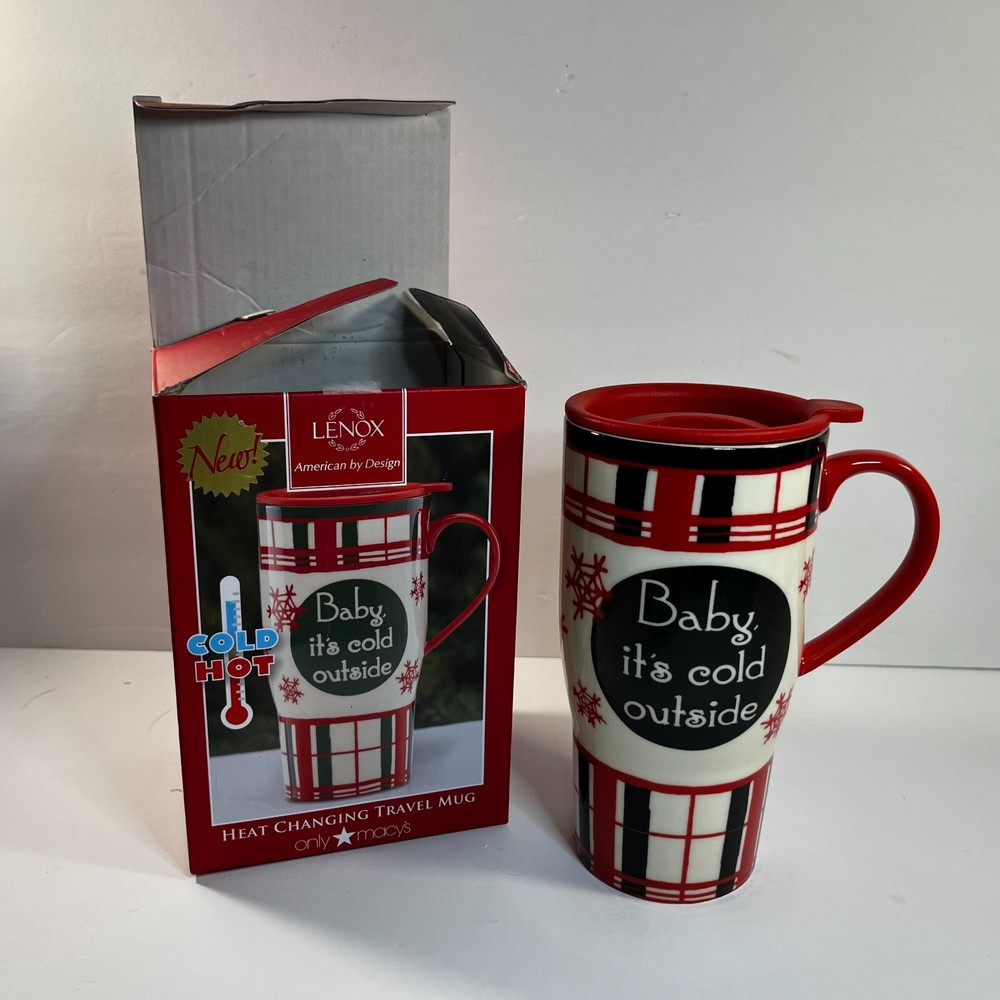 Lenox Heat Changing Travel Mug Baby It's Cold Outside Home for the Holiday Plaid