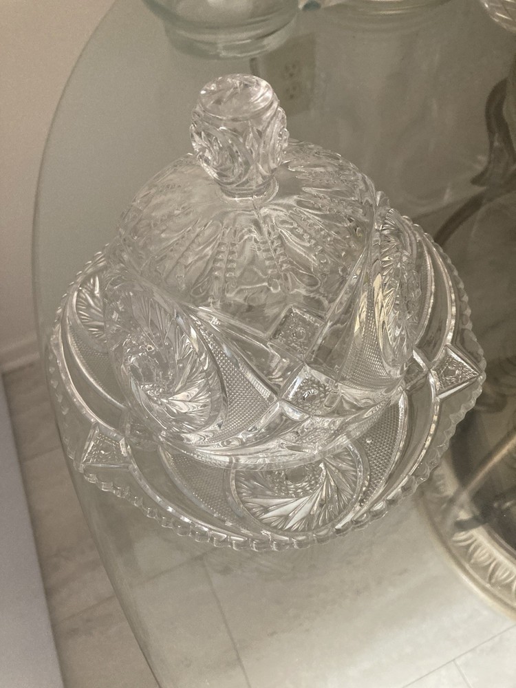Vintage Cut Glass Butter Dish with Lid