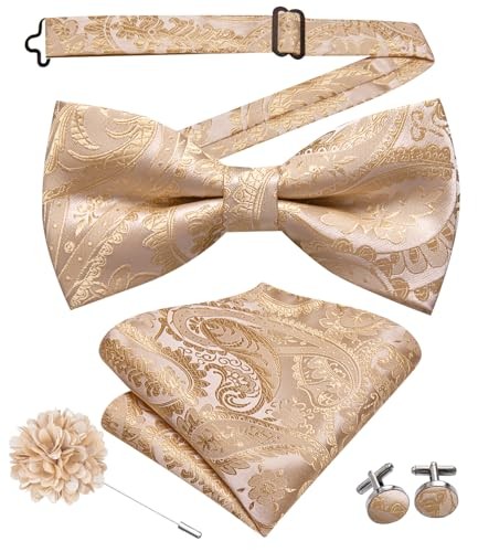 Men's Pre-Tied Bow Tie with Beige Paisley Floral Pocket Square & Lapel Pin Set
