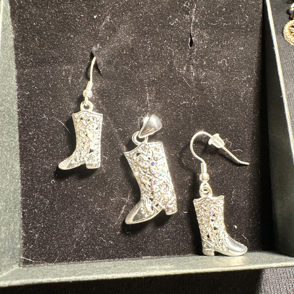 Cowboy Boot Earrings And Charm Silver Tone 1.5 Inches Long