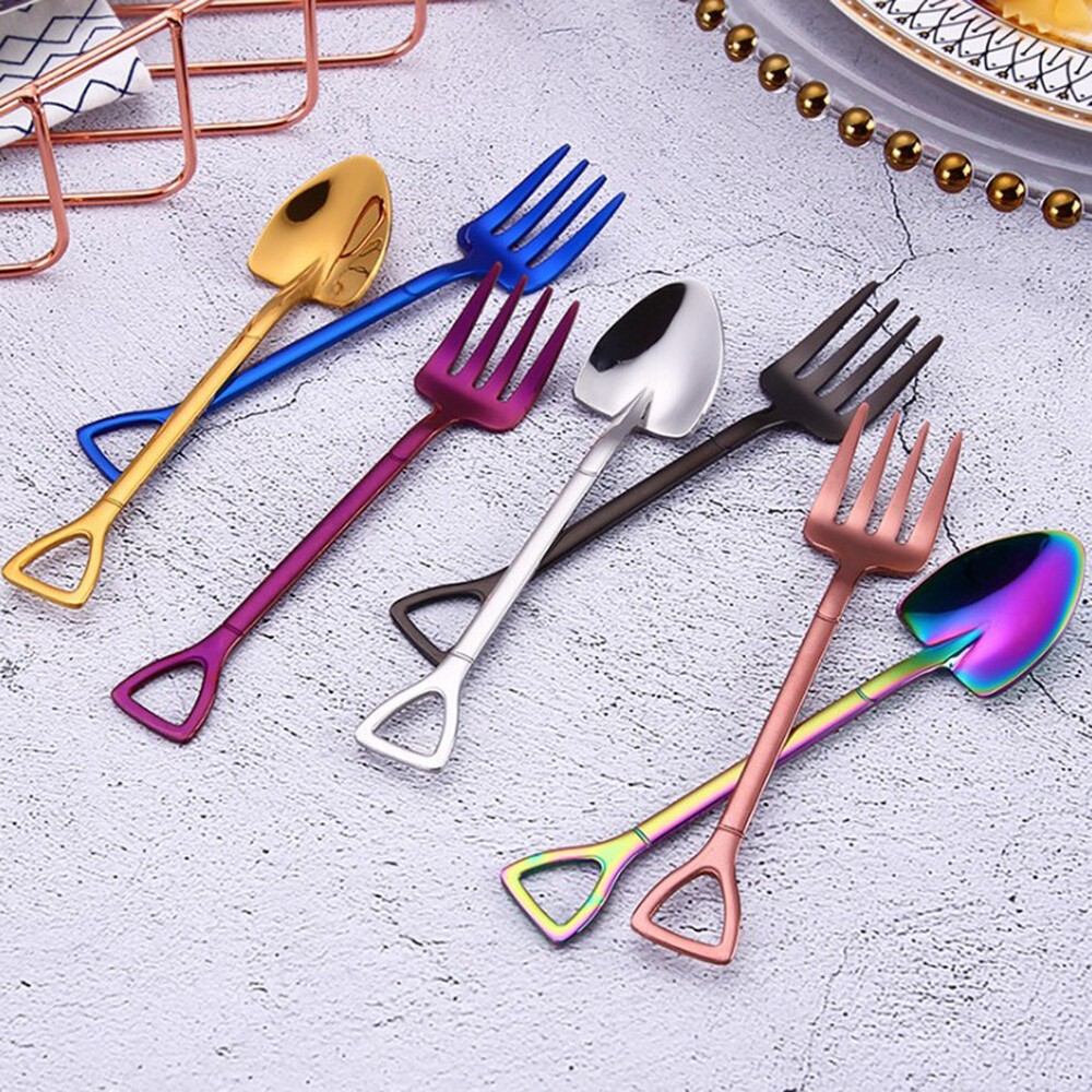 Stainless Steel Shovel Fork Design Gold-plated Tableware Stirring Coffee Spoon Ⓩ