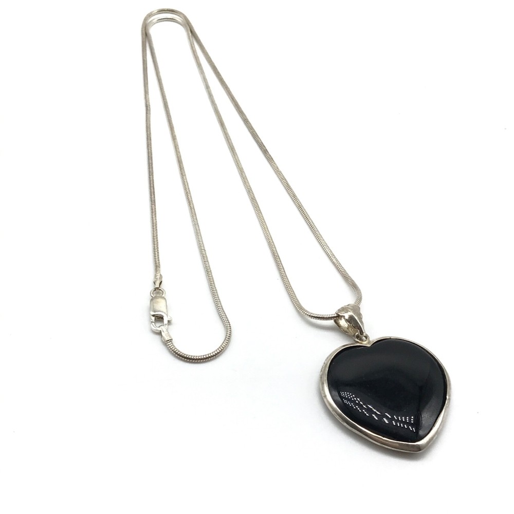 Vintage 925 Sterling Silver Black Onyx Heart Pendant Necklace with 24
